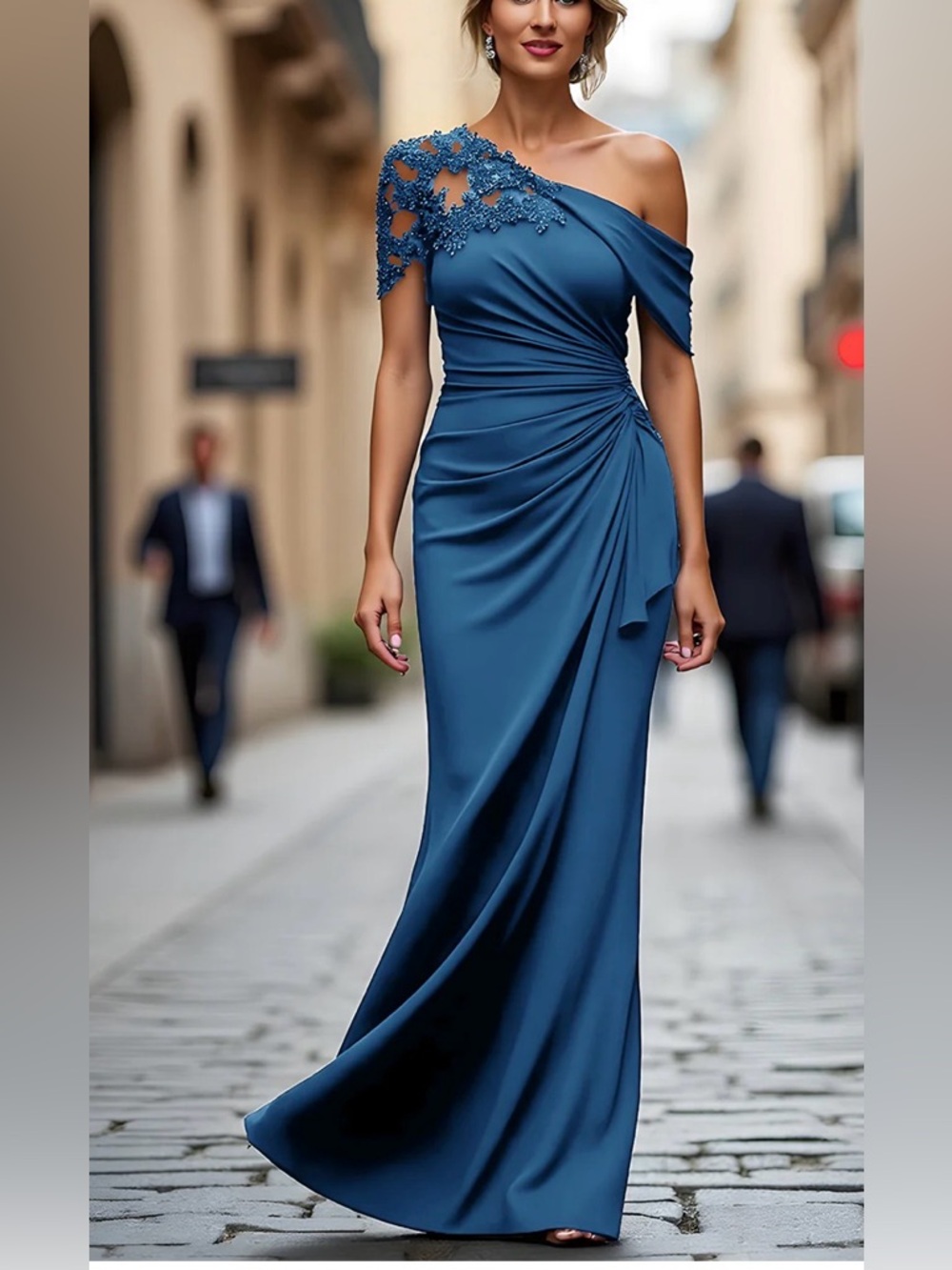 One-Shoulder Teal-Blue Evening Gown with Lace Appliqué